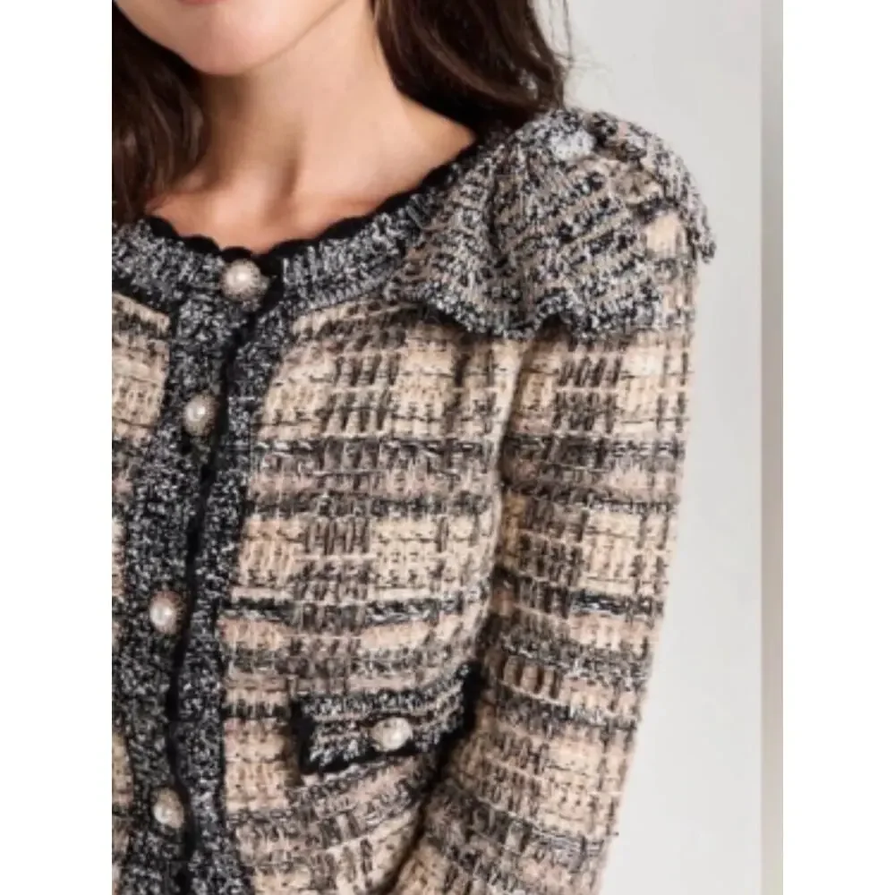 LoveShackFancy Chantria Tweed Knit Cardigan Pearl Button Bouclé Sweater Jacket S